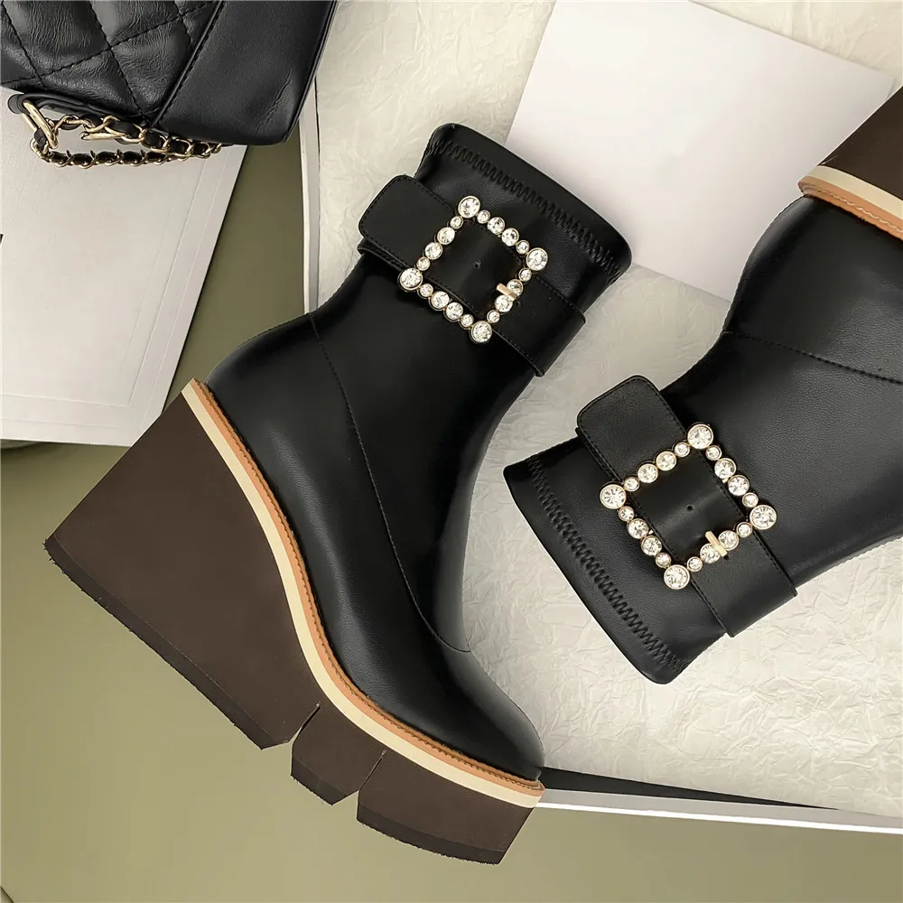 MILI-MIYA New Arrival Classic Brand Design Women Stretch Microfiber Ankle Boots Super High Wedges Crystal Buckle Strap Handmade