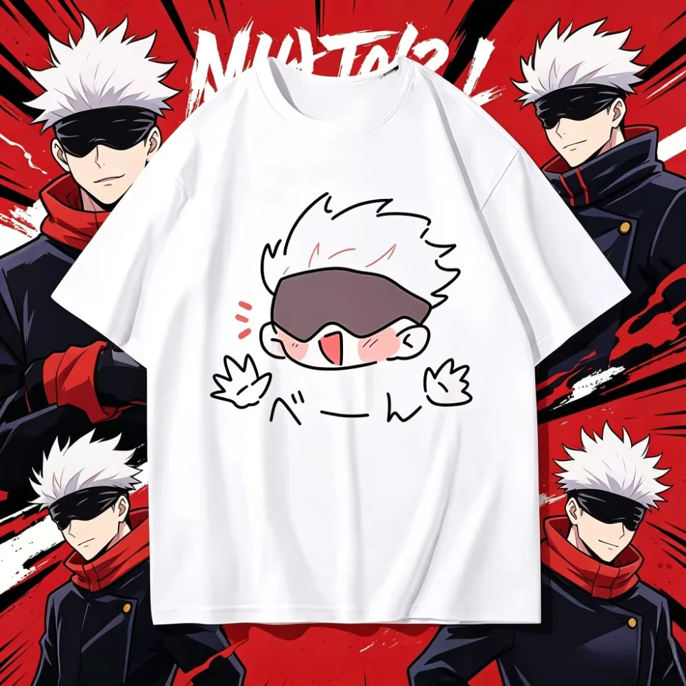 T-shirt Jujutsu Kaisen Satoru Gojo 2026, imprimé sur le devant avec un personnage chibi mignon et excité, t-shirt unisexe en coton blanc pour enfants et adultes
