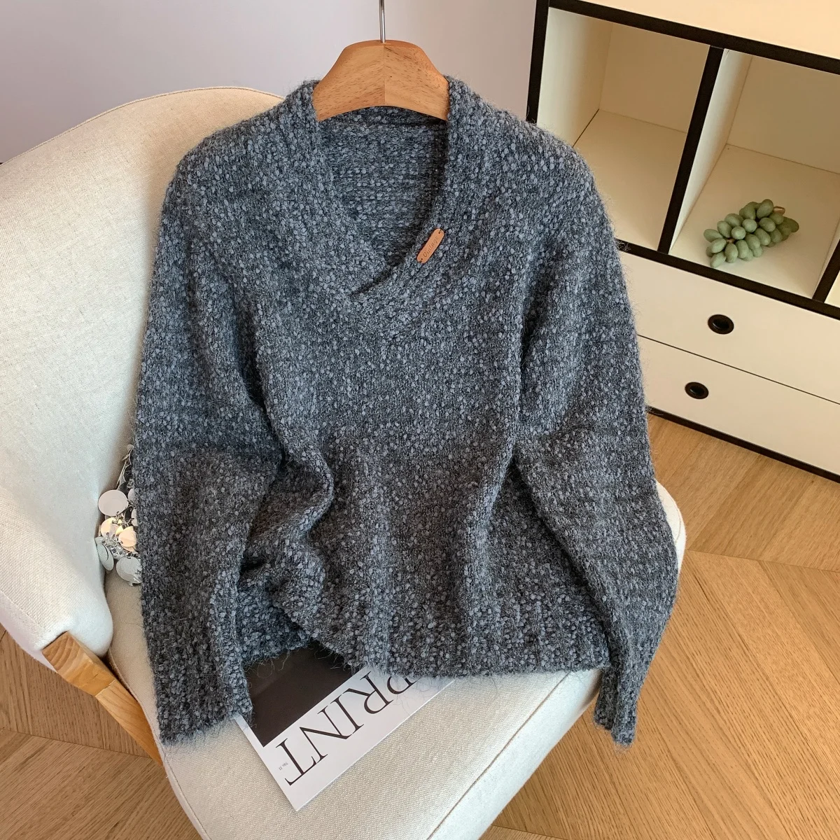 

Женский серый пуловер, свитер, винтажный джемпер 2000-х годов Y2k, трикотаж, корейский уютный свитер с v-образным вырезом и длинными рукавами, осенне-зимняя одежда 2025