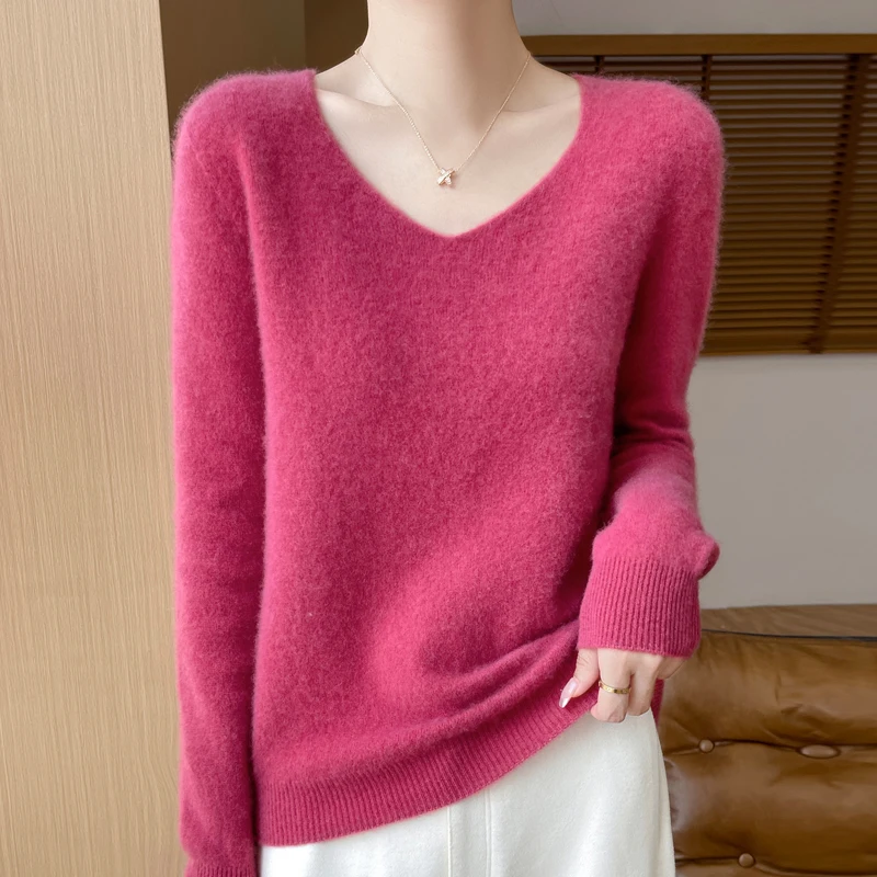 100% Merino Wool Sweater Cashmere Pullover Women Knitwear V-Neck Long Sleeve Autumn Winter Fashion Basic Clothing Tops