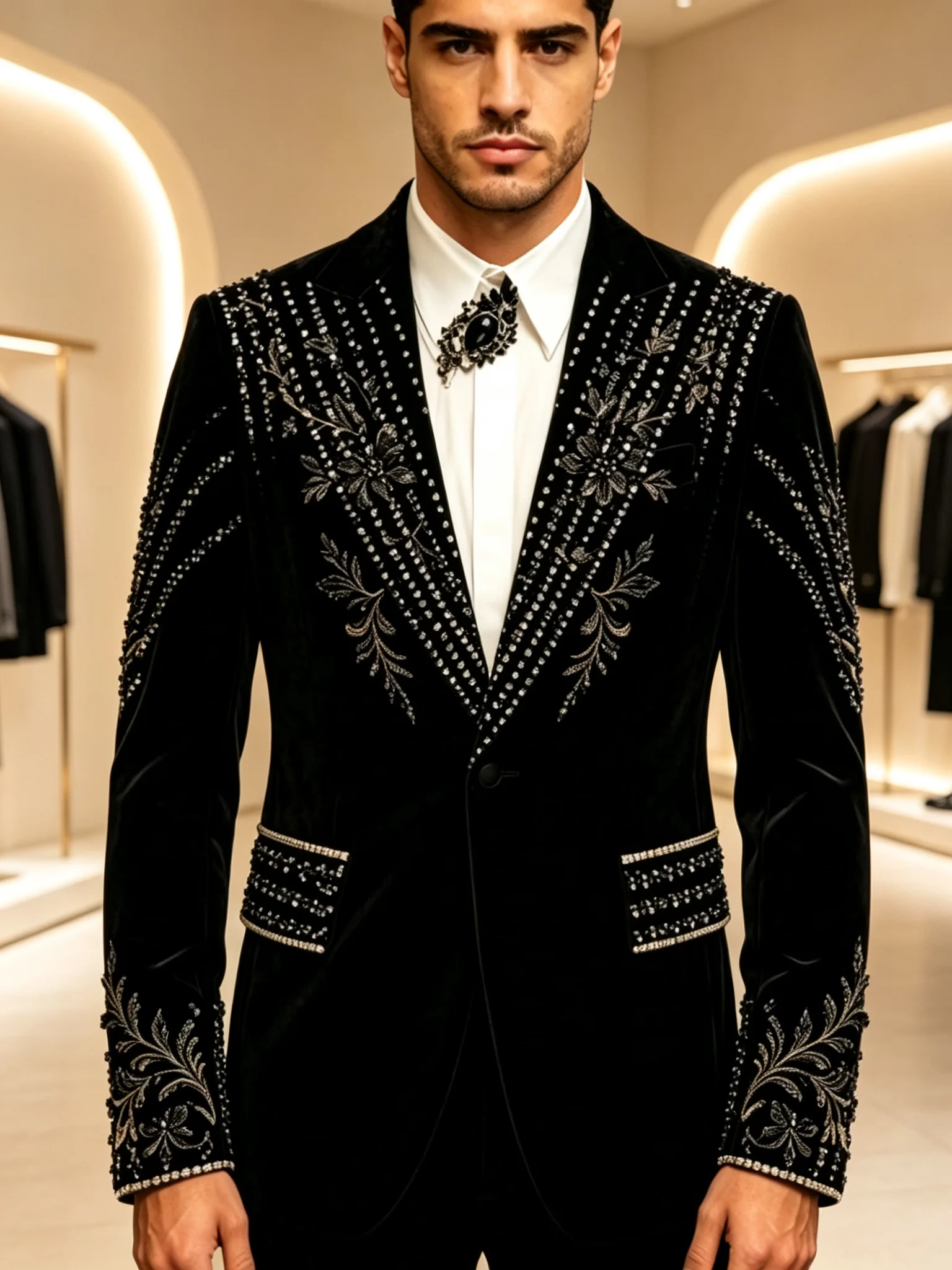 2 Piece Men Formal Suit Luxury Beaded Rhinestones Peaked Lapel Two Button Celebrity Party Set Customized 2 Piece  Prom Wear