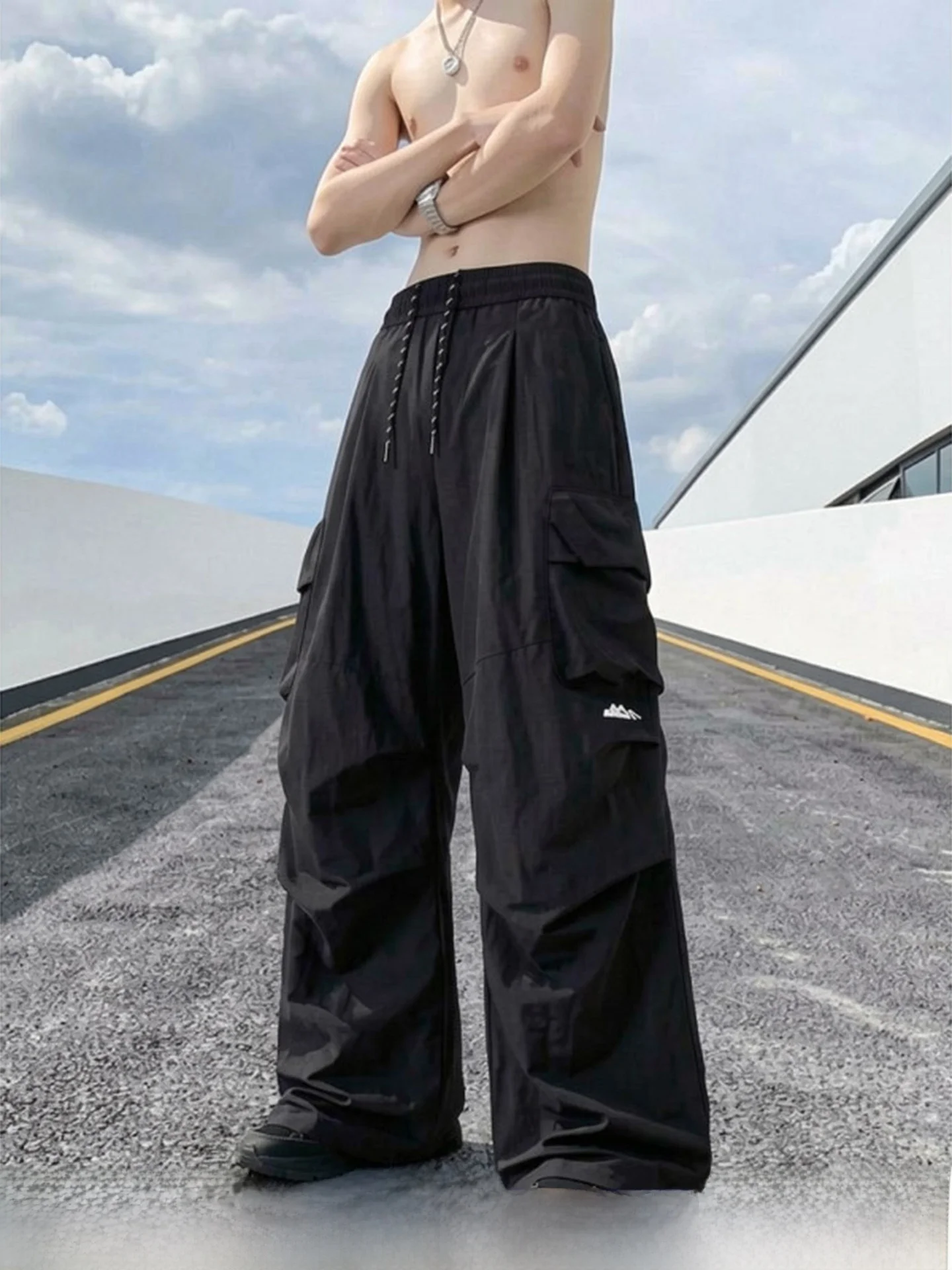 

Мужские повседневные брюки American High Street: Новинка 2026 года, модные, брендовые, с множеством карманов, на шнурке, свободного прямого кроя