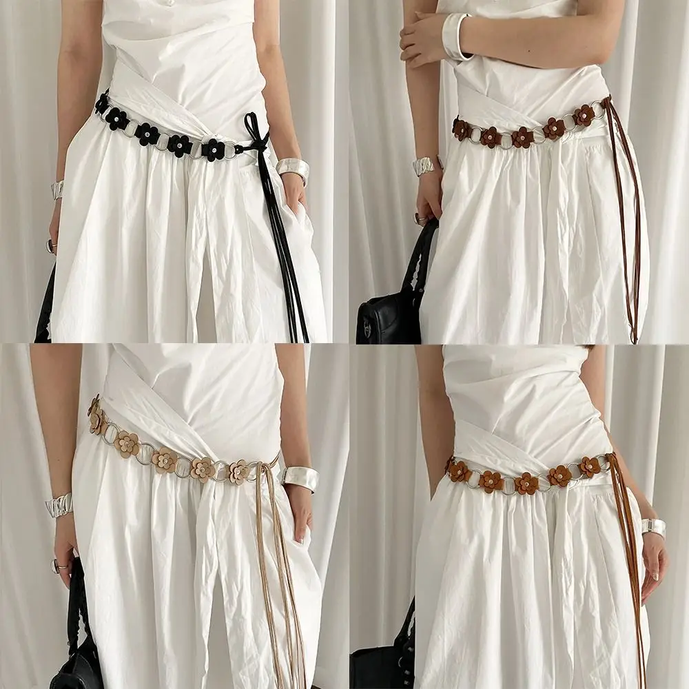 핫 더블 스몰 플라워 PU 가죽 벨트, 속이 빈 원형 링, 조절 가능한 스트랩 허리띠, 빈티지 허리 로프, 여성용