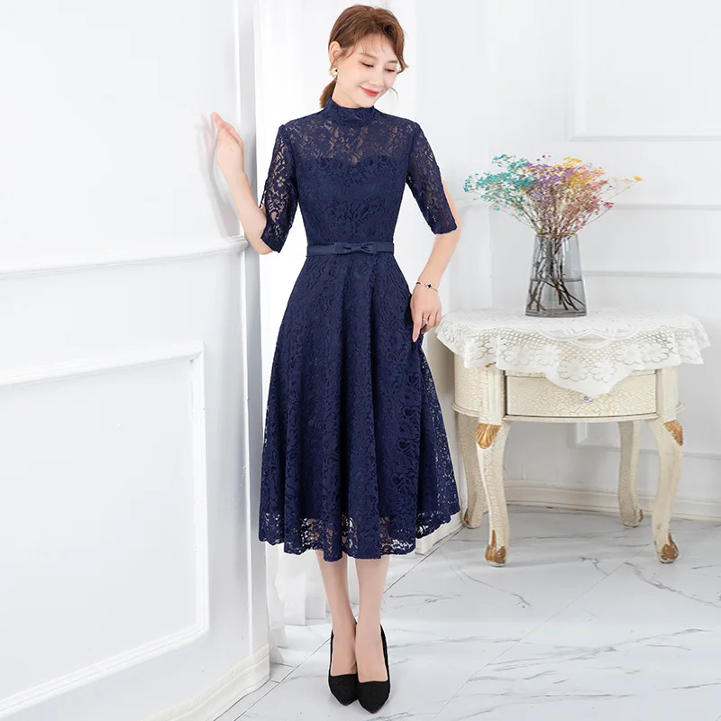 Plus Size Blue Lace Mother Of The Bride Dress Knee Length High Collar Gorgeous Mother Gown For women