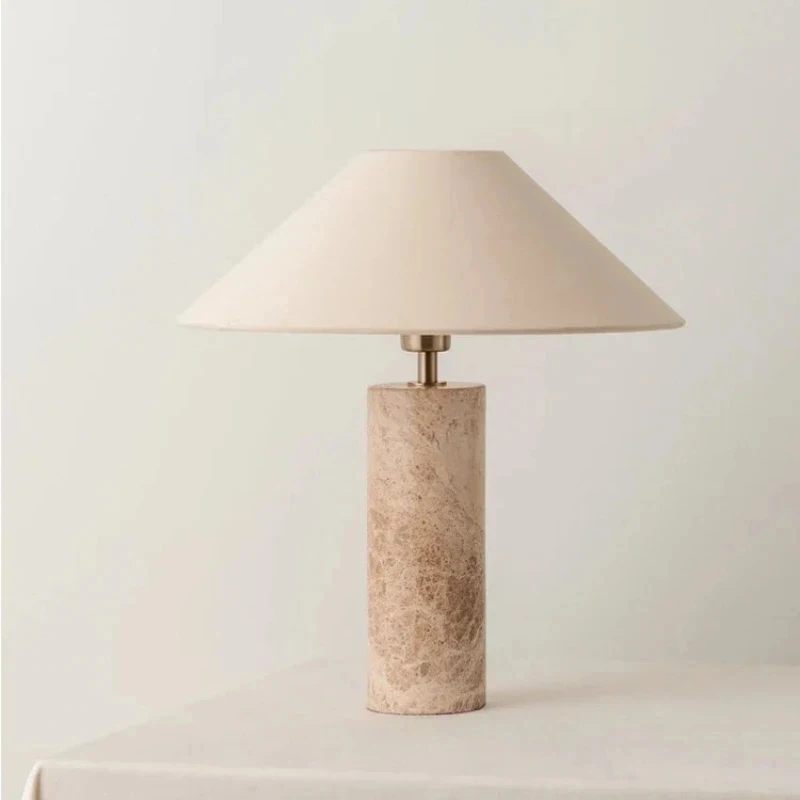 Modern Travertine Table Lamp Natural Stone Cylinder Fabric Lampshade Wabi Sabi …