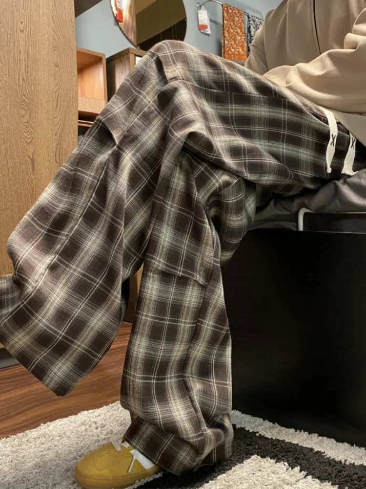 

Men's Loose Straight Leg Pants American Retro Plaid Drapey Trousers Spring Autumn Faionable Casual Pants Youth Sle