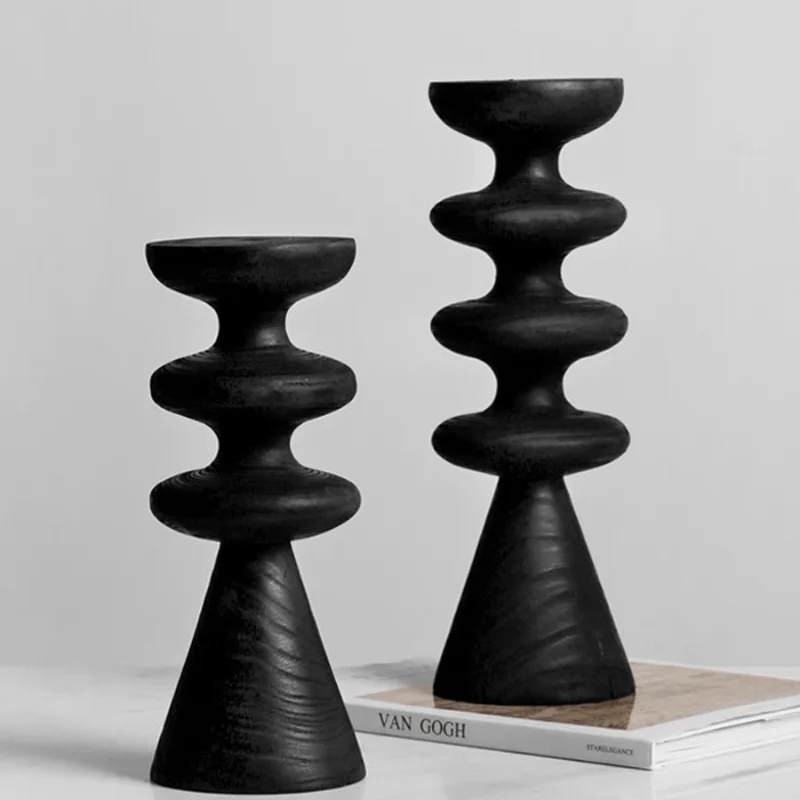 Creative Black Carbonized Wood Geometric Candlestick For Living Room Desktop Decoration Nordic Retro Handmade Small Crafts