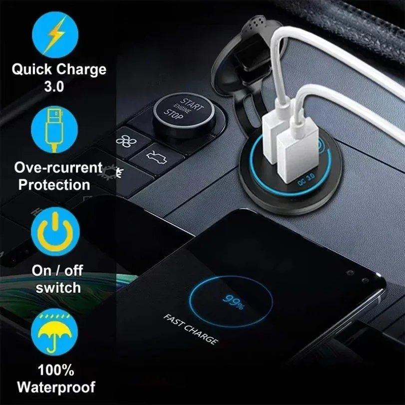 Car Quckly Charging Adapter 60W Dual QC 3.0 Dual USB Fast Car Charger Socket 12V/24V Waterproof with Switch Auto Power Outlet image 2