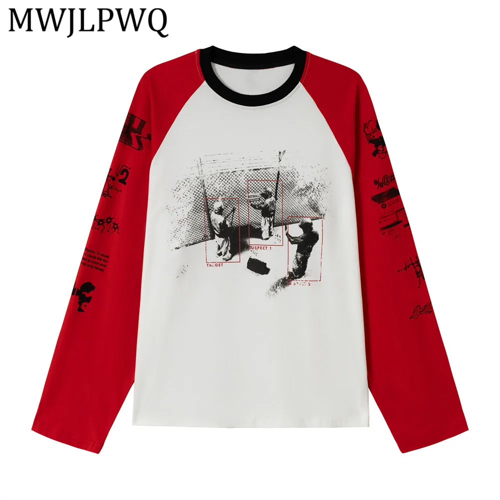 

MWJLPWQ American Dark Style Print Spring Autumn Men's T-Shirt INS Street Fashion Color Block Long Sleeve Round Neck Tee 13296