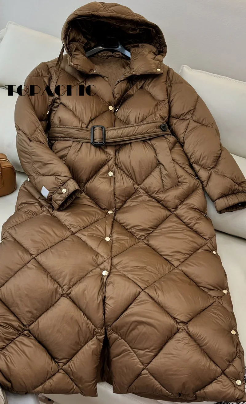 9.5 TOPACHIC-Women White Goose Down Hooded Long Outerwear Quilted Argyle Plaid Single Breasted Side Split Whit Sashes Down Coat