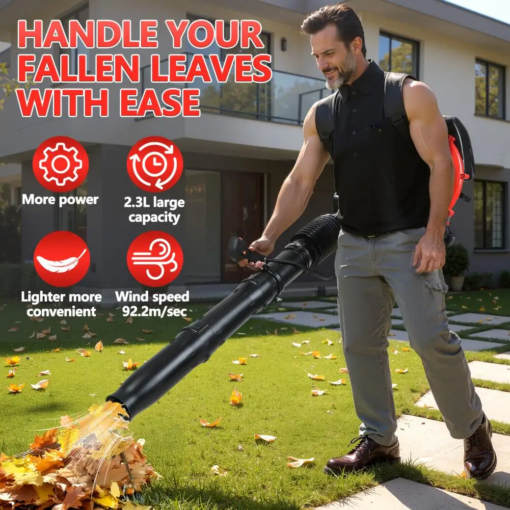 Leaf Blower, 900CFM 80CC 2-Stroke Engine Long Handle Backpack Leaf Blower, 2.3L Tank Low Vibration Ergonomic Dust Blower