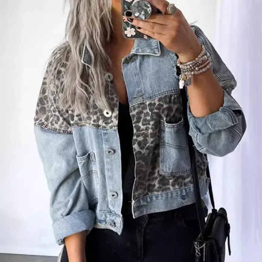 2024 Women's Autumn Winter New Leopard Splicing Top Denim Jacket Pocket Single Breasted Button Jackets Coat