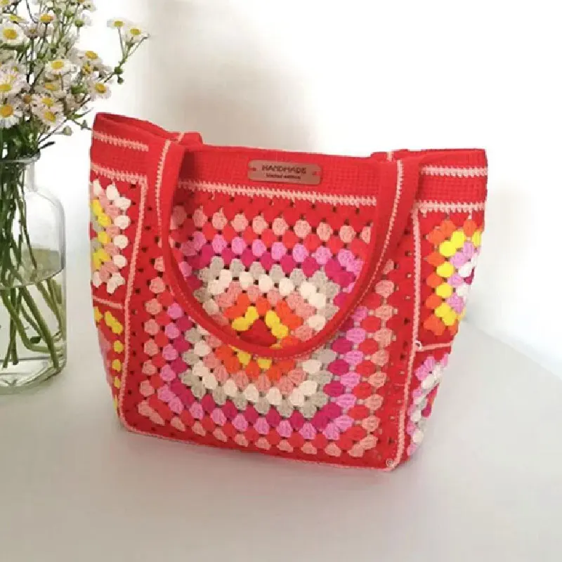 Handwoven grandmother plaid handbag shoulder bag women\'s storage bag shopping bag simple and fashionable