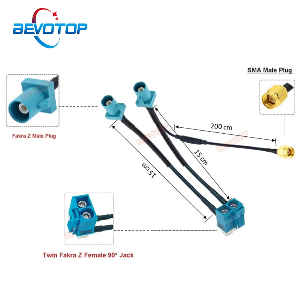 BEVOTOP Twin Fakra Z to Fakra SMA Splitter cables With Diode Custom-made RF Coaxial Cable Junper