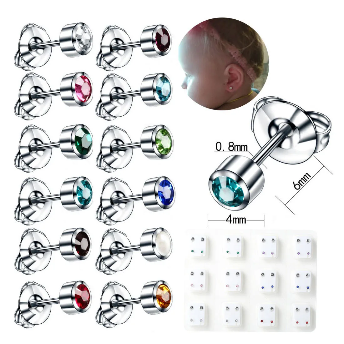 1 Pair Multicolor Zircon Anti Allergic Stud Earrings CZ Ear Piercing Device with Ear Studs for Body Piercing Women Men Children