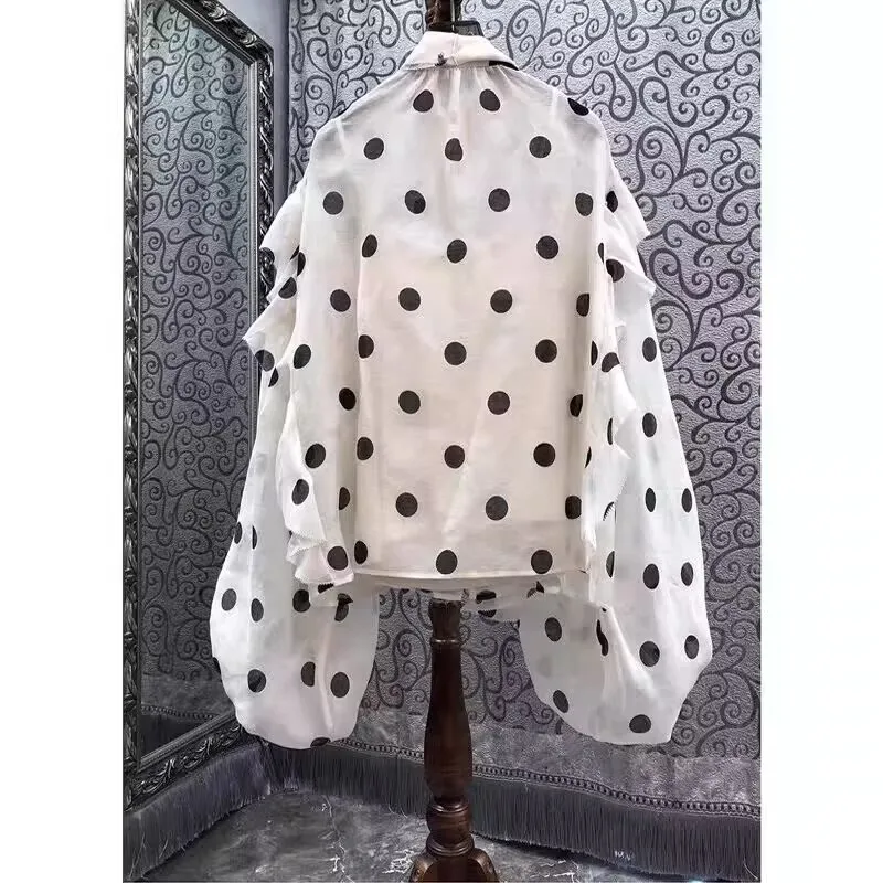 French Style Polka Dot Shirt Women's Spring Autumn New Elegant Unique Long Sleeve Blouse Lace  Splicing Knot Design