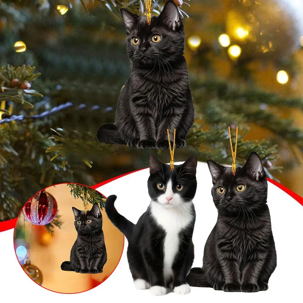 2D Acrylic Black Kitten Decorative Pendant Car Rearview Mirror Hanging Ornaments Gifts For Christmas Tree Decorations Cat Lovers