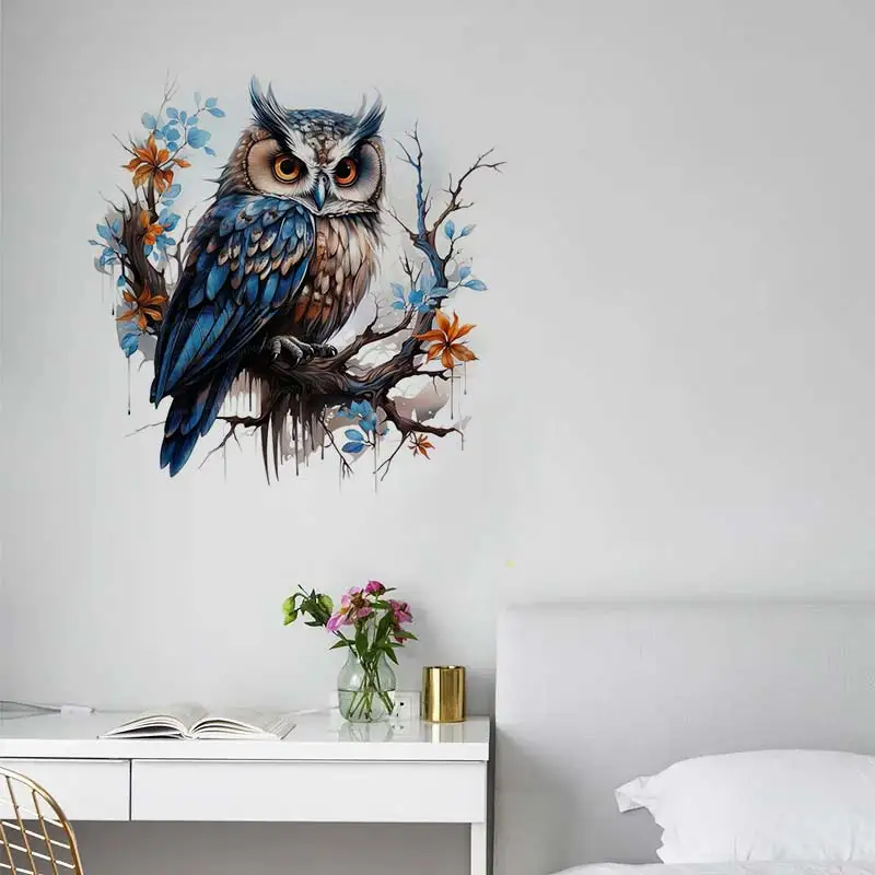 Owl in Winter Watercolor Wall Stickers Bedroom Kids Room Background Decoration Animals Home Decor Self-adhesive Wallpaper S387