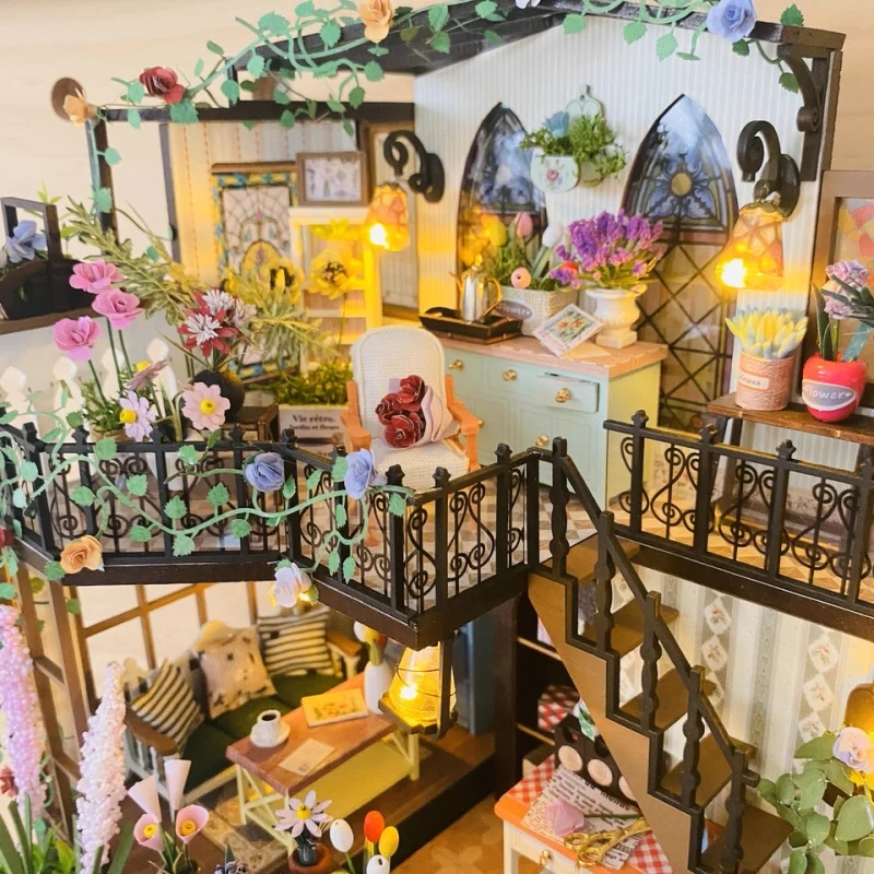 Hongda DIY handgemachtes kleines Haus, Puppenhaus, doppelschichtiges Gartenhaus, Villa, Mini-3D-Gebäudemodellbaugruppe