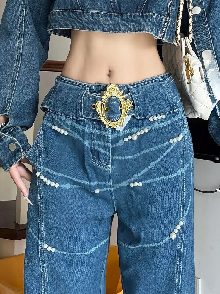 American Retro Washing Pearl Printed Jeans  Women'S Summer New Design Slim Versatile Straight Trousers