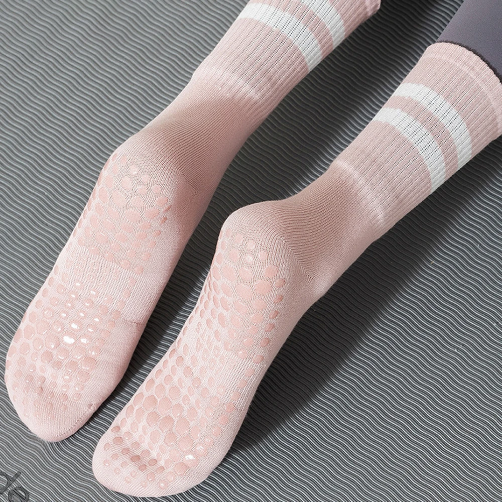 2 Pairs Long Strip Yoga Socks Silicone Anti-Slip Grips Non Skid Socks Pilates Socks with Grips for Women Barre Ballet Dance