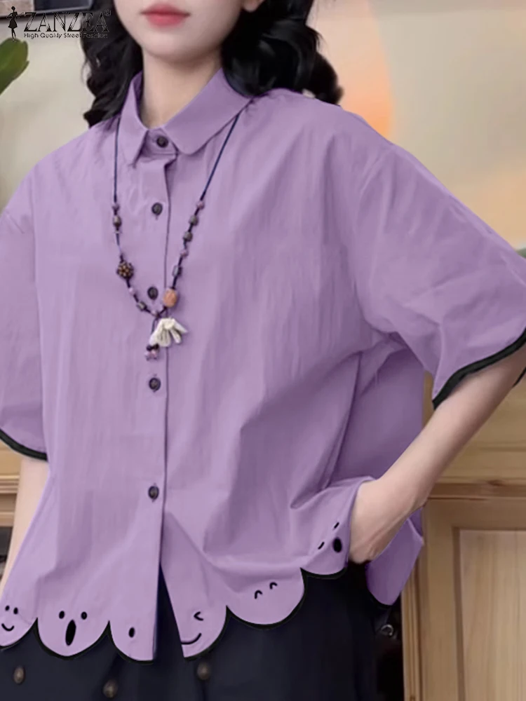 

Vintage Shirts Solid Color Casual Loose Tunic Women Fashion Short Sleeve Tops ZANZEA 2025 Fashion Lapel Neck Patchwork Blusas