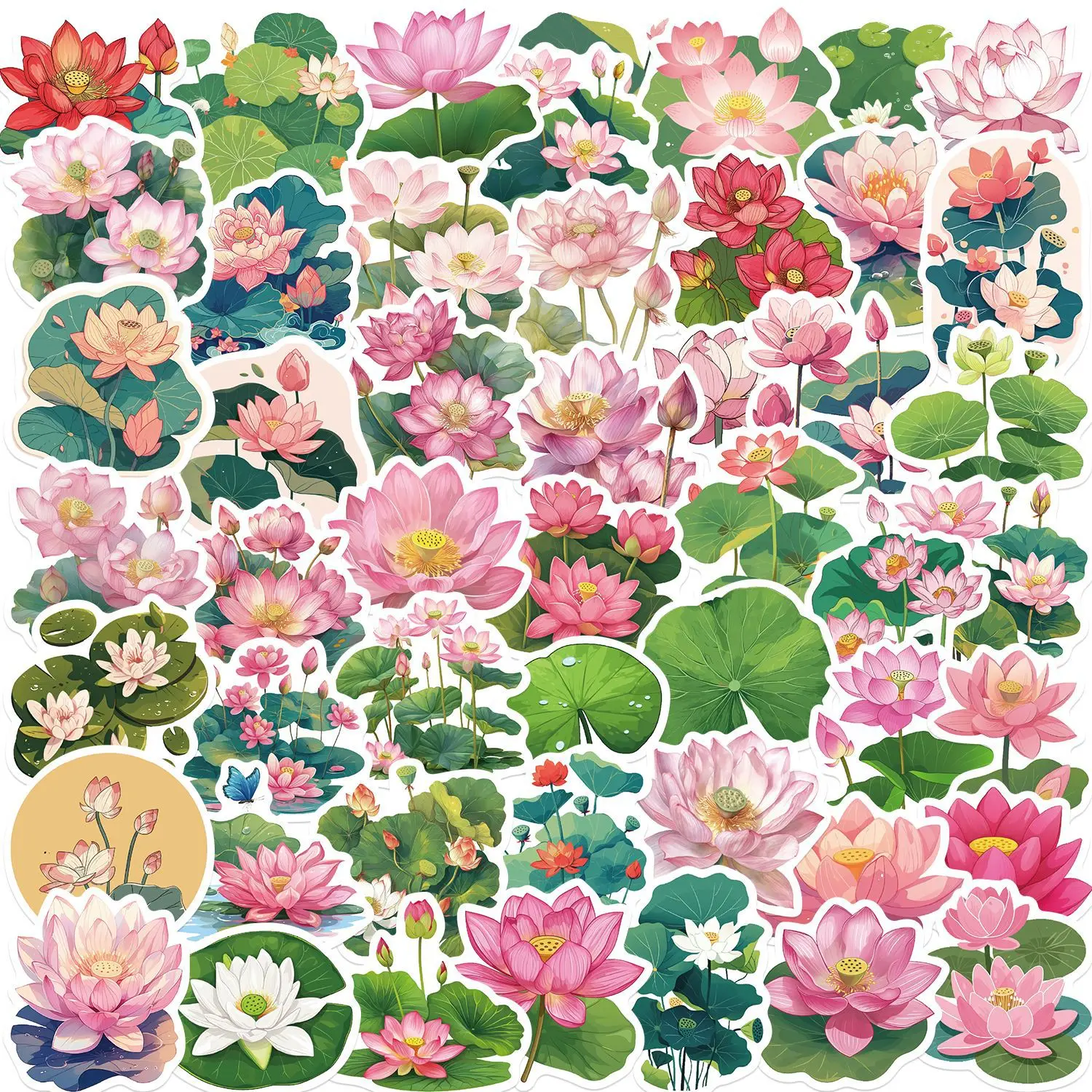 50PCS Adesivos Criativos de Flores de Lótus Rosa à Prova d'Água para Decoração DIY em Cadernos, Celulares, Guitarras, Copos de Água, Malas e Grafite