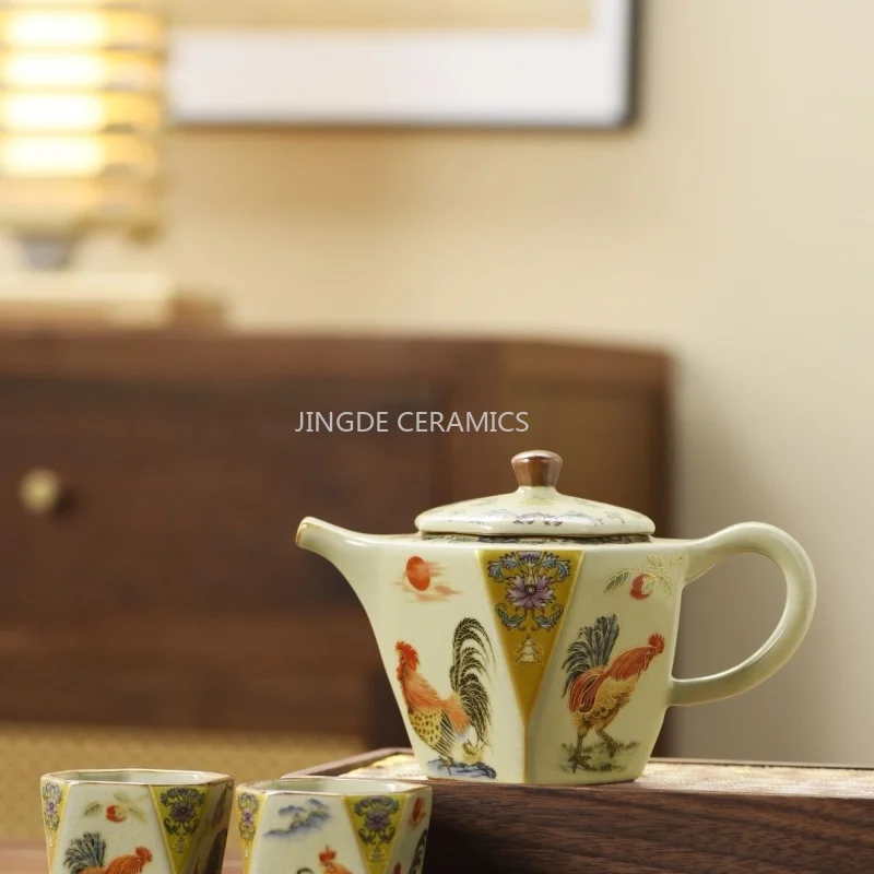 1pc Chinese Ceramic Teapot Large Capacity Teapot Chicken God Pattern Design Eight Sided Teapot Tea Ceremony Accessories 220ml