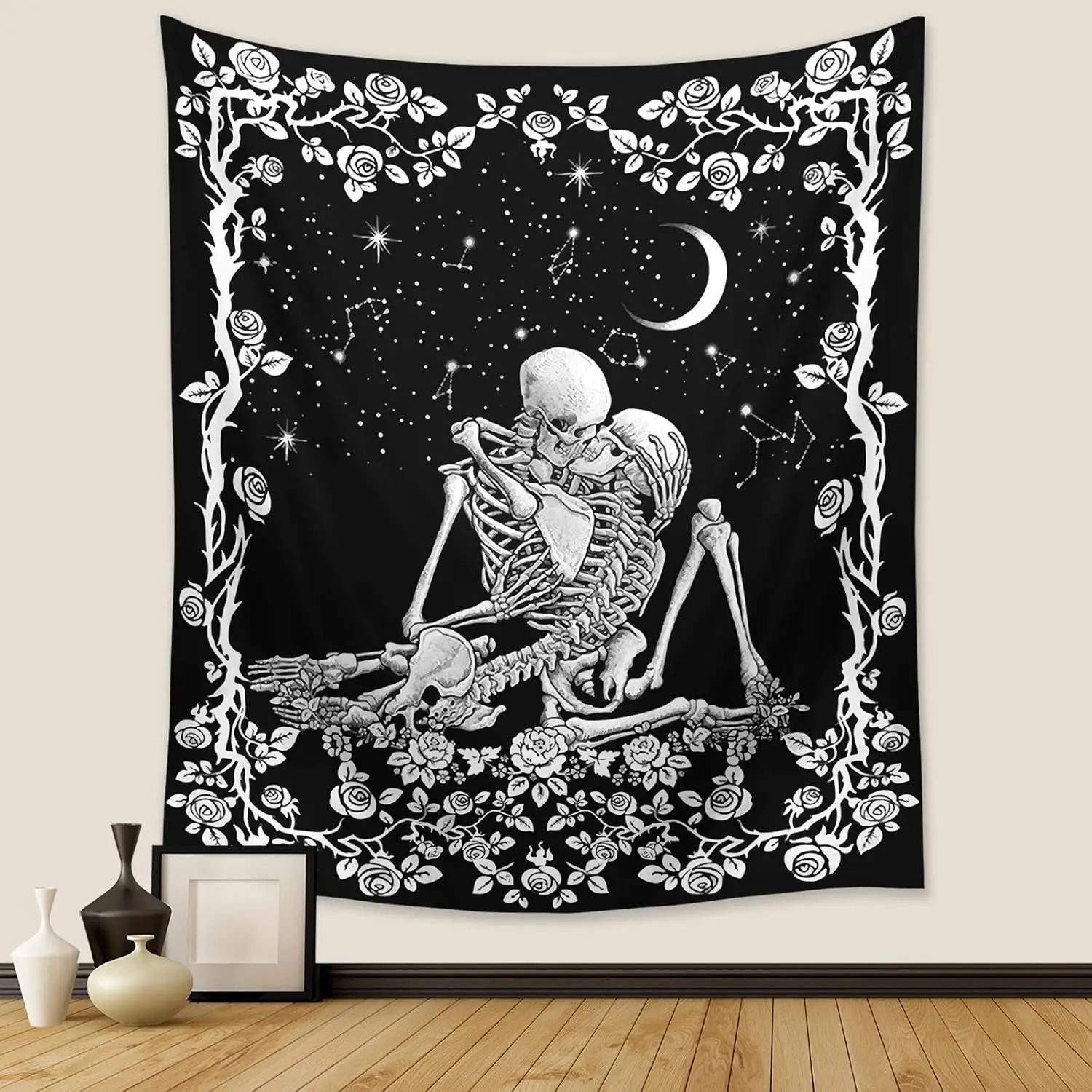 The Lovers Skull Tapestry,Black and White Romantic Constellation Skeleton Tapestries Wall Hanging decor for Living Room Bedroom