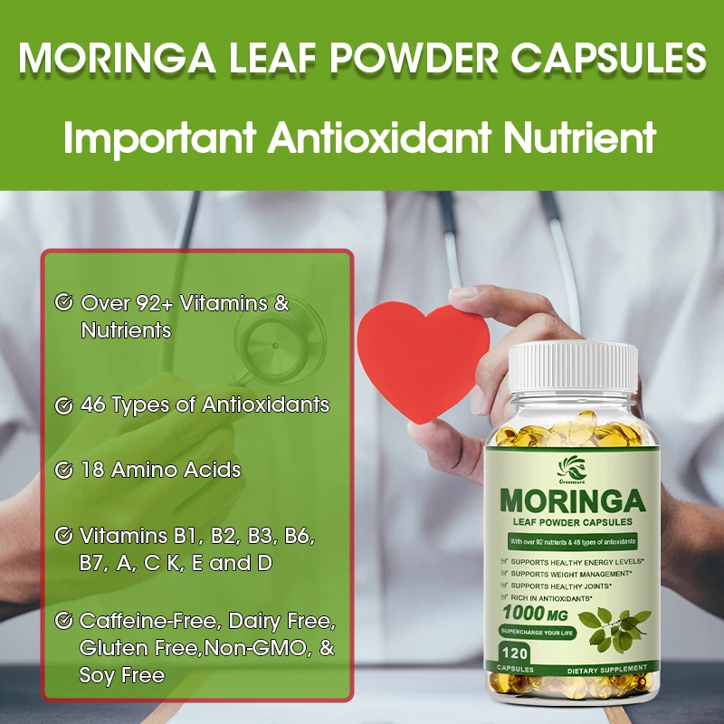 Moringa Oleifera 60/120 Capsules - 100% Pure Leaf Powder - Non GMO and Gluten Free - Complete Green food Supplement