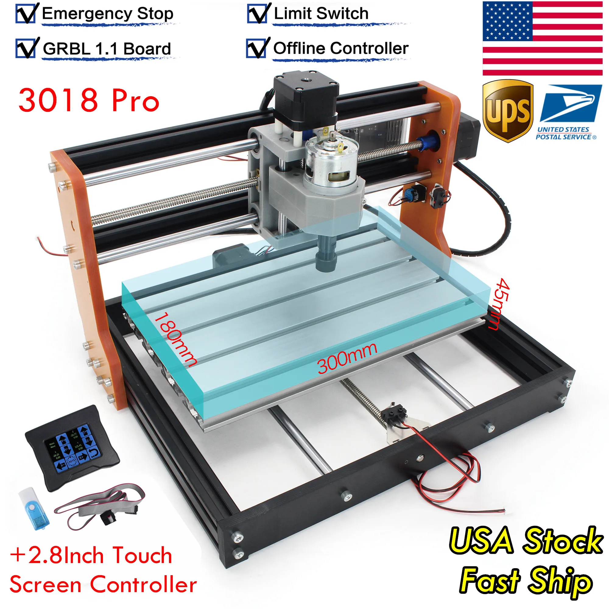 【In US&EU】2024 New CNC 3018 Plus Alumina Alloy Metal Frame Upgrade Kit Nema17 42 Stepper With Limit And Emergency Stop Interface