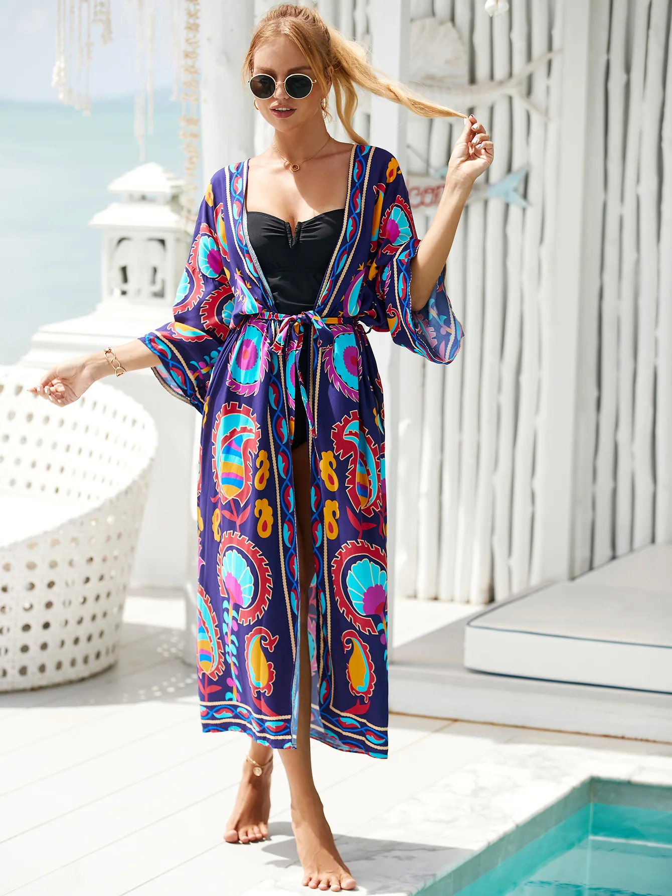 Kimonos Swimsuit Summer Vacation Outfit for Women Beach Robe Long Pool Cover Up Colorful Dress for Swimwear