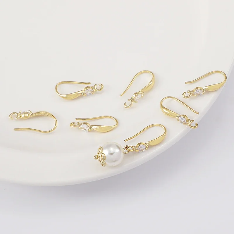 8Pcs 18K Gold Plated Earwires CZ Pave Fish Hook With Loop Findings Earrings Parts Connectors For Diy Earrings Jewelry Making