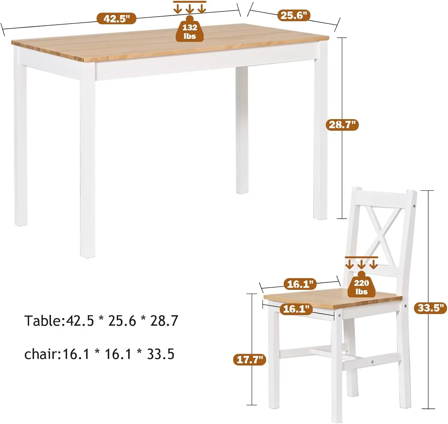 Table Set for 4, 42.5 inch Pine Wood Dining Room Table with 4 Chairs, 5-Piece Kitchen Table Chairs Set for Small Space