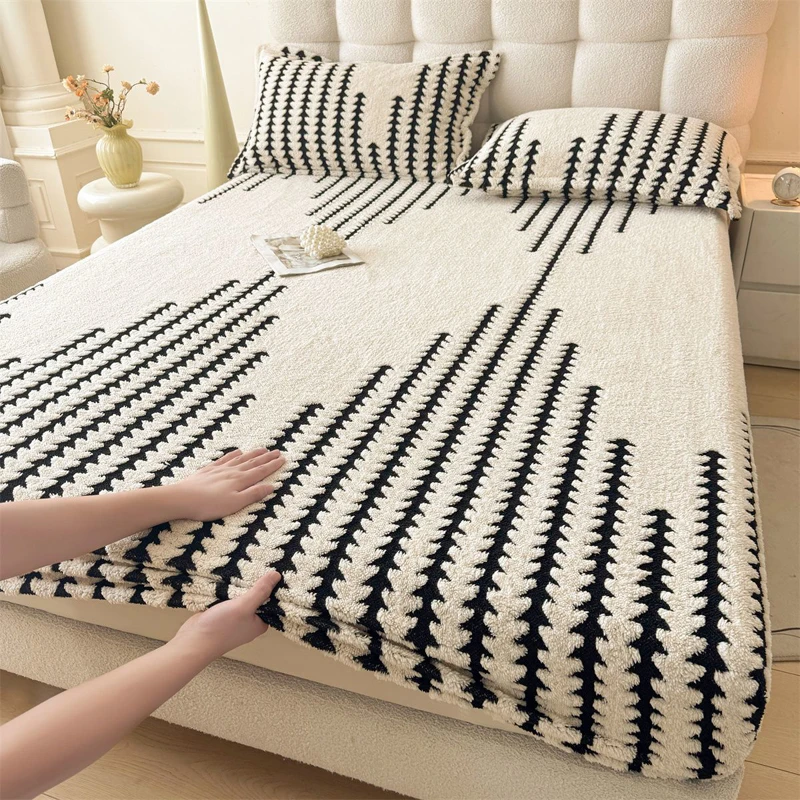 

WOSTAR Winter warm coral fleece fitted sheet elastic mattress protector cover fluffy plush jacquard thick bed linen 140x200 king