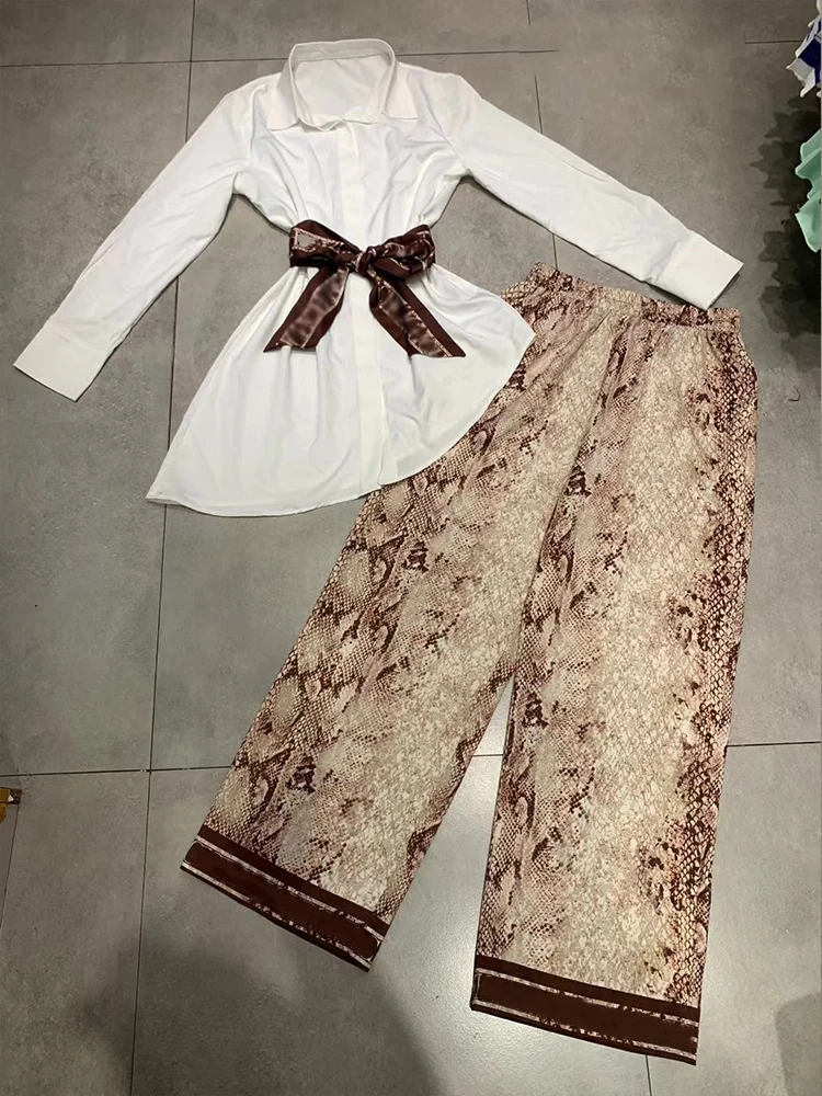 Vintage serpentine print lapel loose shirt two-piece set 2024 spring women\'s new + elastic waist wide leg pants fashion set