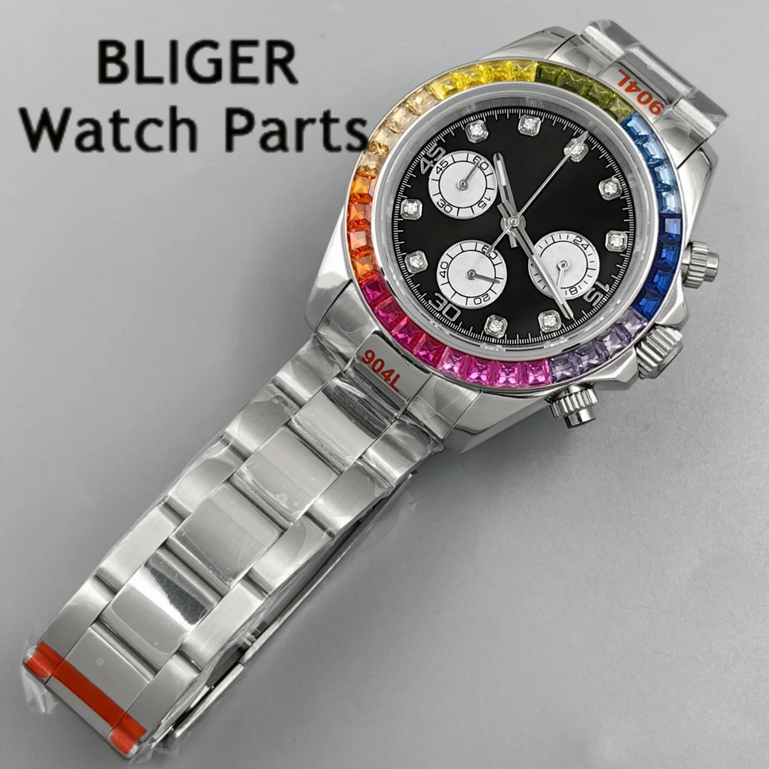 BLIGER Black Panda Dial Multicolour Bezel Chronograph VK63A Quartz Running Second Hand Men Watches Sapphire Glass Rubber Strap view 4