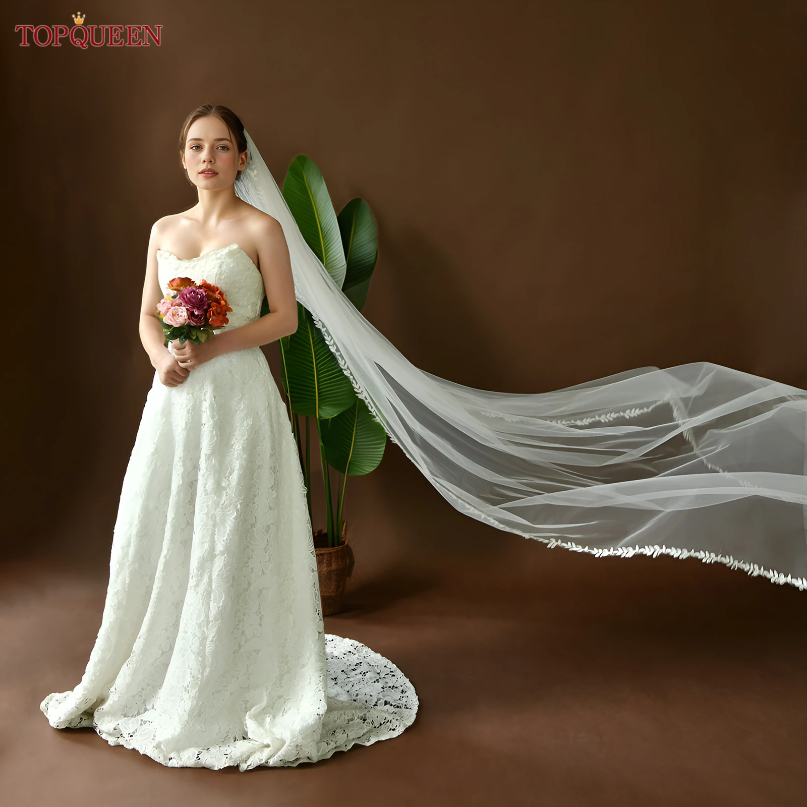 TOPQUEEN V129 كاتدرائية الزفاف الدانتيل الحجاب 3m طويل طرحة زفاف أبيض عاجي مع ورقة الدانتيل اكسسوارات الزفاف للتخصيص