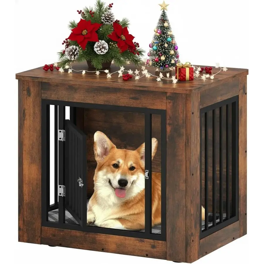 

Мебель-клетка для собак 27,2 л для средних собак, 2-в-1, из железа и дерева, для использования в помещении, до 13,6 кг, с приставным столиком, современная собачья будка