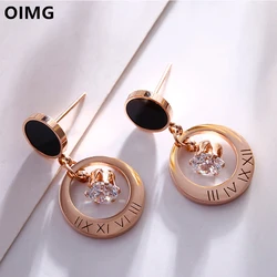 OIMG 316L Stainless Steel Rose Gold Color Metal Roman Numerals Circle Stud Earrings For Women Girls Korean Pendant Earrings