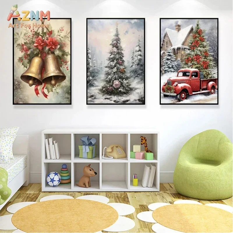 AZNM Vintage Oil Painting Christmas Canvas Wall Art Swing Santa Snowman Reindeer Red Truck Wreath Bell Winter Cabin Holiday Home
