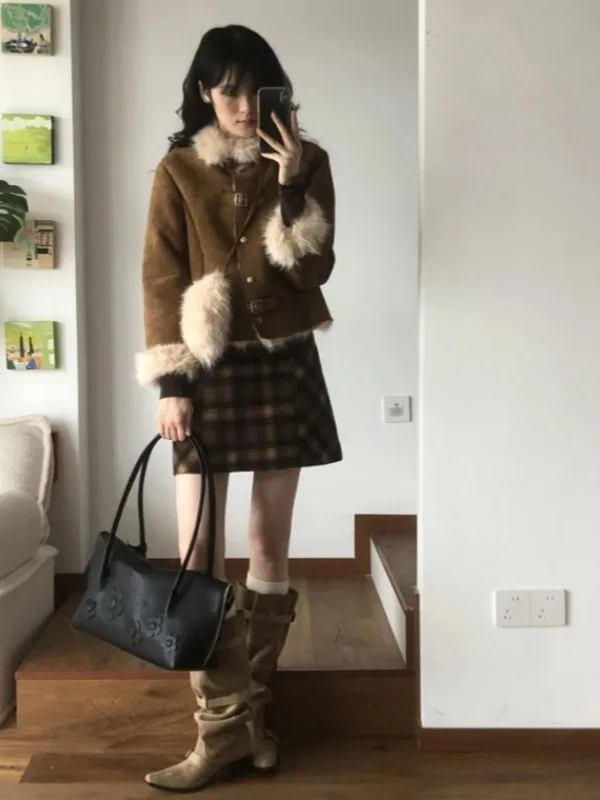 Cappotto in Pelle con Pelliccia Stile Retrò di Lusso, Vestibilità Ampia, per Donne di Bassa Statura, Moda Invernale