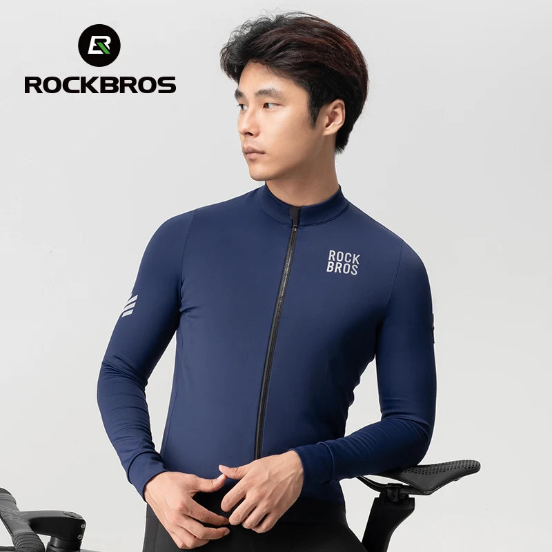 ROCKBROS Autumn Winter Cycling Jersey Windproof Warm Fleece Thermal Jersey Elastic Close Fit Outdoor Sports Men Cycling Clothing