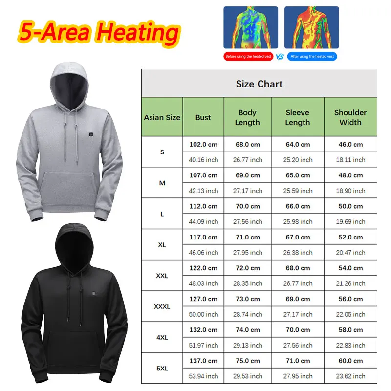 Hoodie Pemanas 5 Zona, Pakaian Pemanas Pria Wanita, Hoodie USB Pemanas Hangat untuk Luar Ruangan, Ski, Hiking (Tidak Termasuk Power Bank)