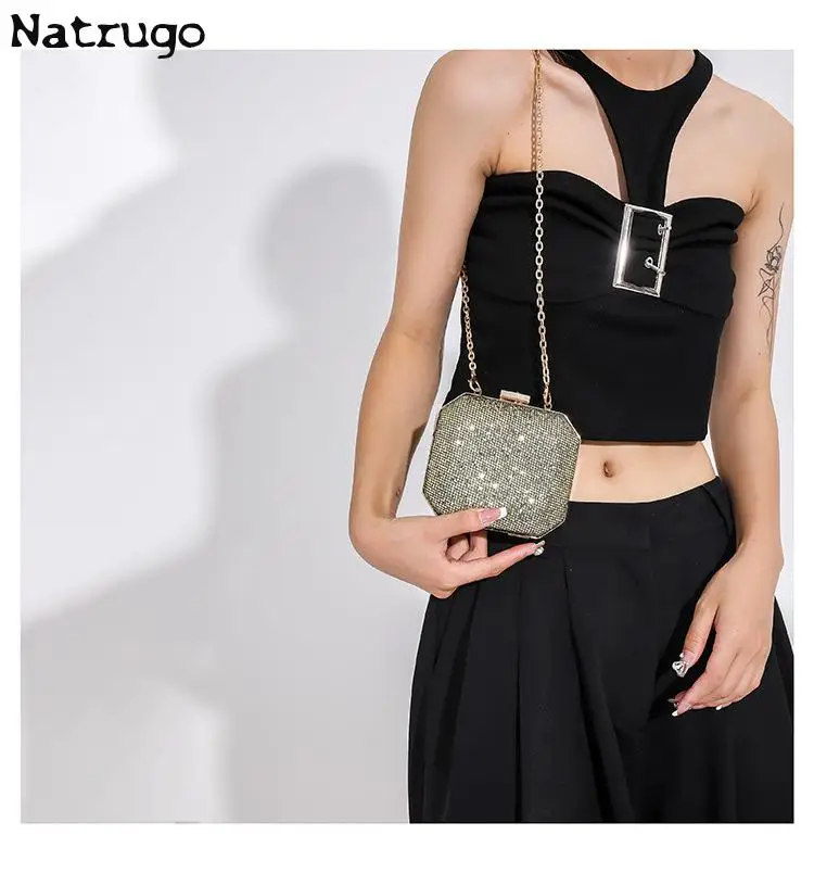 Women Mini Evening Bag Fashion Rhinestone Retro Shoulder Bag Women Gold Siver Black Color Chain Crossbody Bag