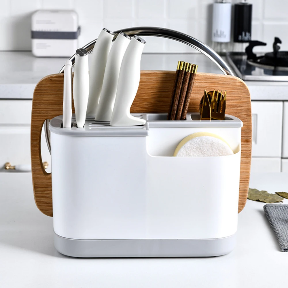 Kitchen Knife Storage Organizer for Countertop, Multifunctional Knife Blocks with Drain Tray Cutting Board Rack Tool Accessories