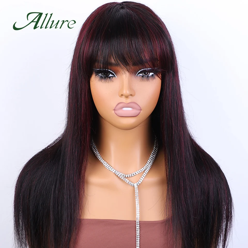 Brazilian Straight Human Hair Wigs for Women Ombre Glueless Wig With Bangs 180% Density Burgundy Colored Hair Long Wigs Allure - Image 3