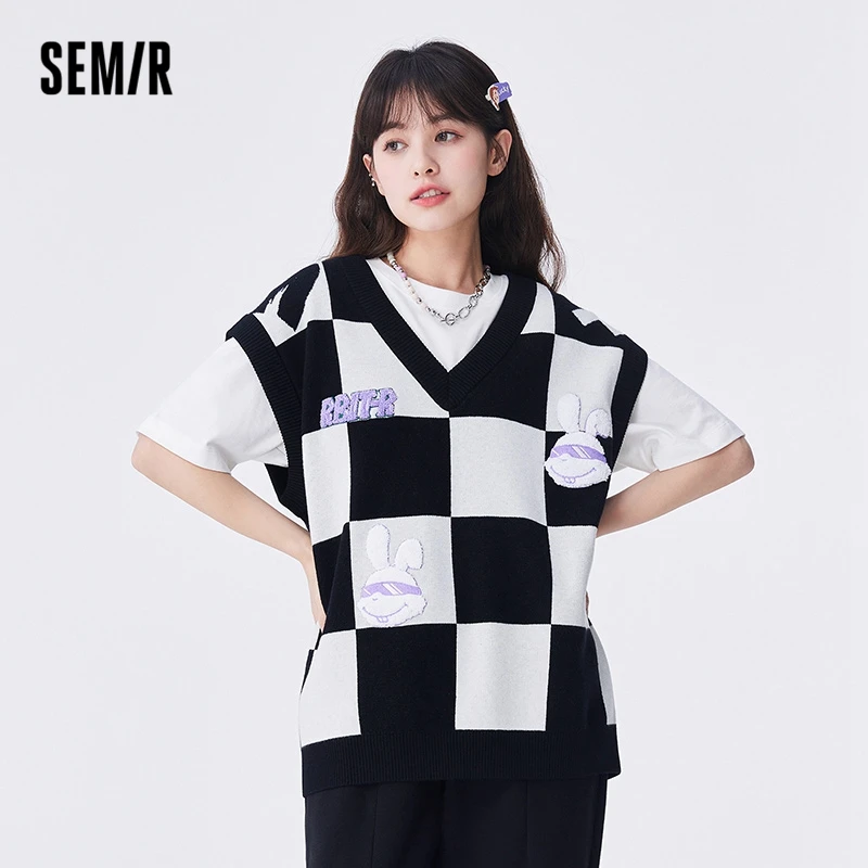 Semir Women Vest Autumn New Mid-length Checkerboard Rabbit Embroidery Sweater Sweet Loose V-neck Vest for Women