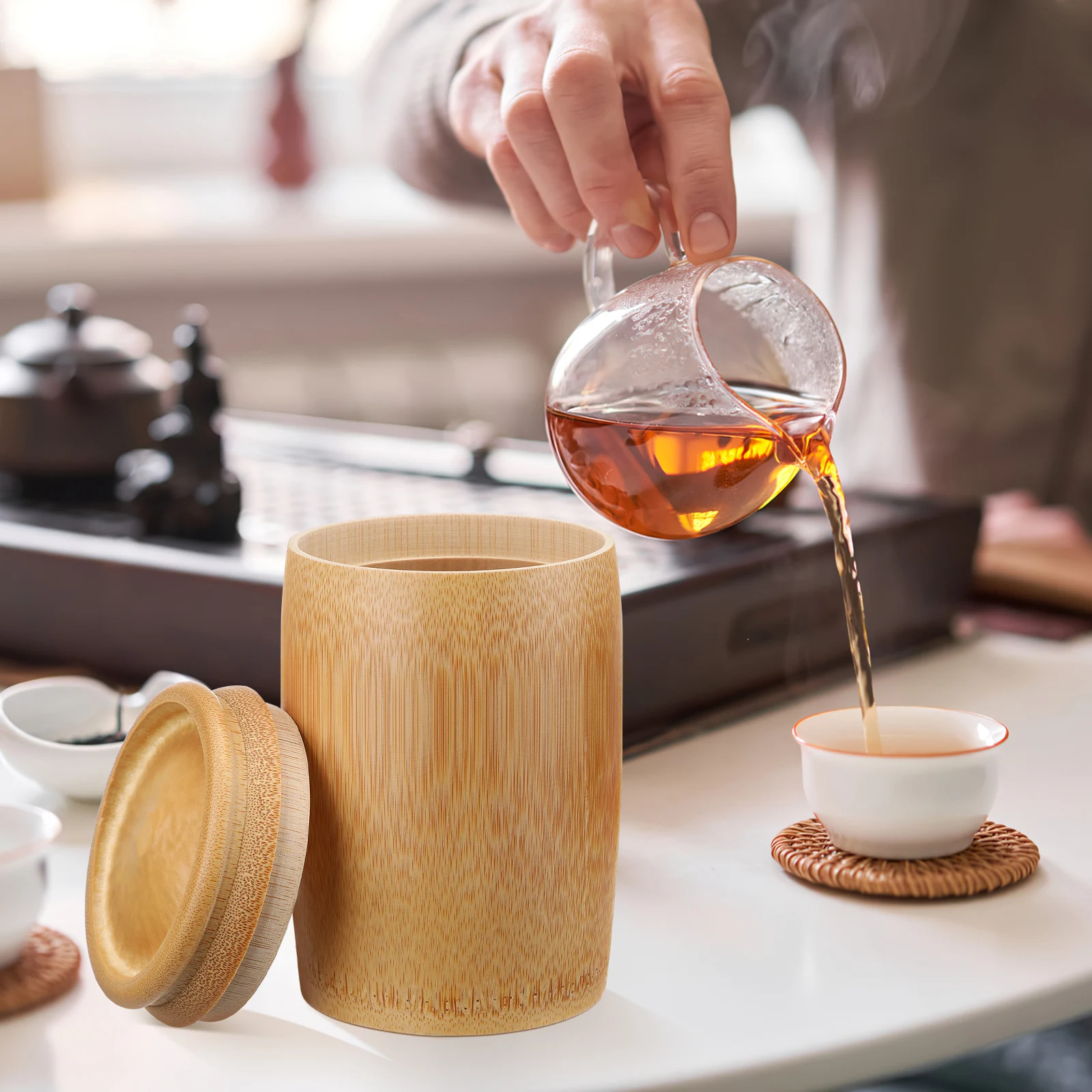 

1pc Bamboo Tea Canister Airtight Storage Container for Home Office Eco Friendly Durability Loose Leaf Coffee Nuts Grains Holder