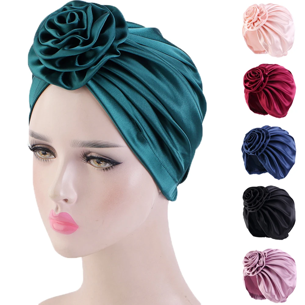 Indian Satin Turban Flower Elastic Stretch Bonnet Hat Women Muslim Hijab Chemo Cap Sleeping Sleep Nightcap Hair Care Headscarf
